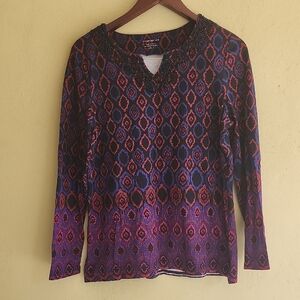 Charter Club 95% Cotton Graphic Long Sleeve Blouse in Blue and Purple